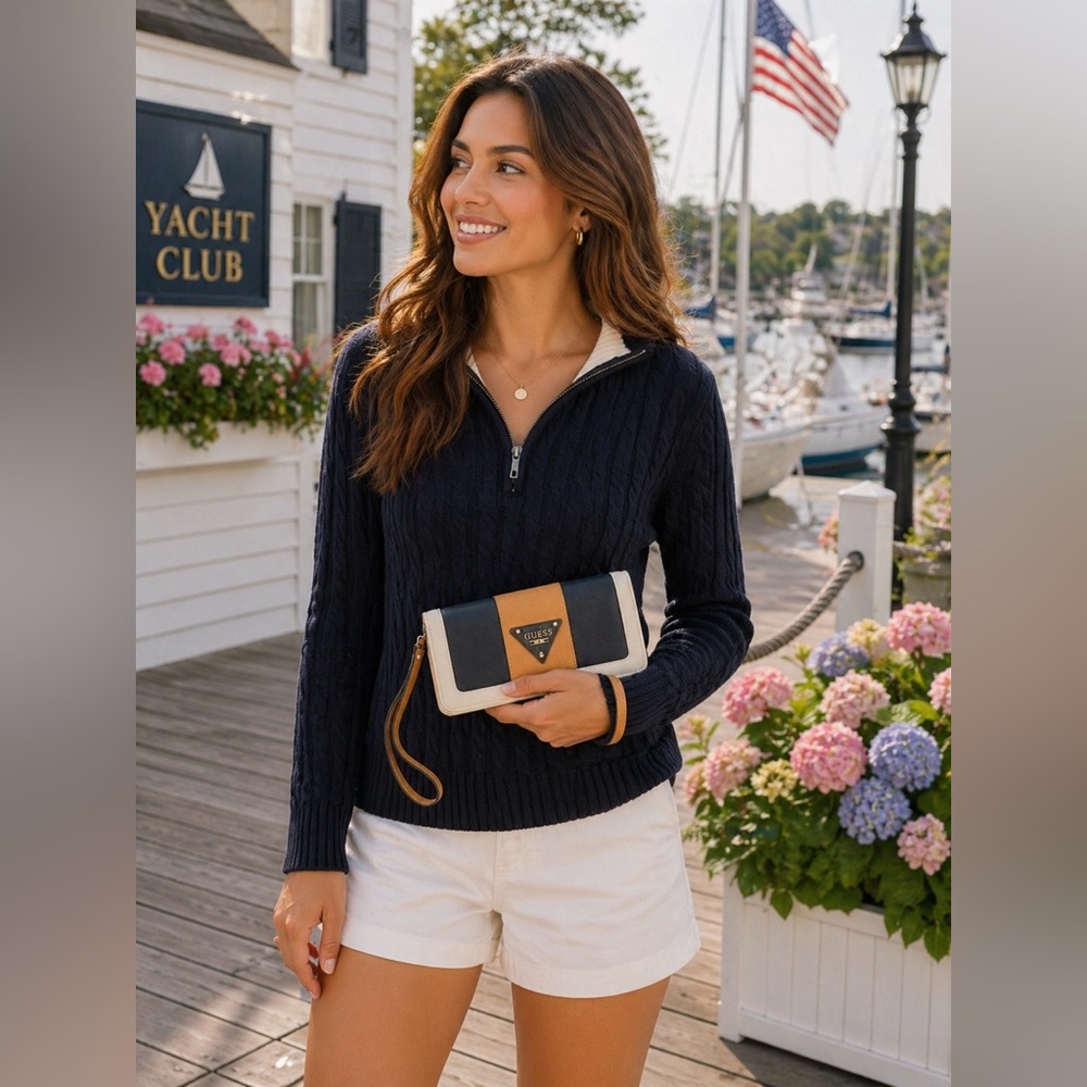 Guess Tri-Panel Wristlet in Navy, Tan & White